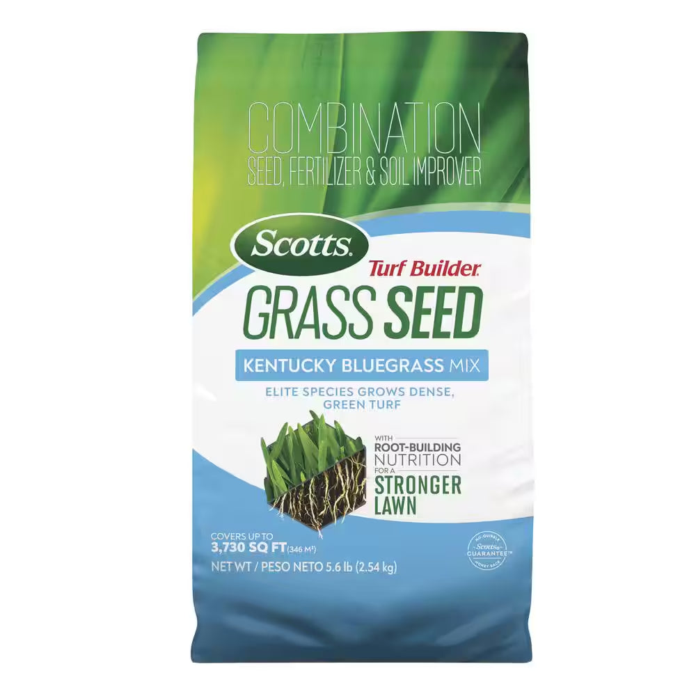 Turf Builder 5.6 Lbs. Grass Seed Kentucky Bluegrass Mix with Fertilizer and Soil Improver, Grows Dense, Green Turf